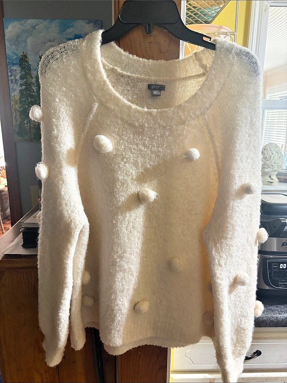 Aerie Pom-Pom Crewneck Sweater in Cream Size Medium